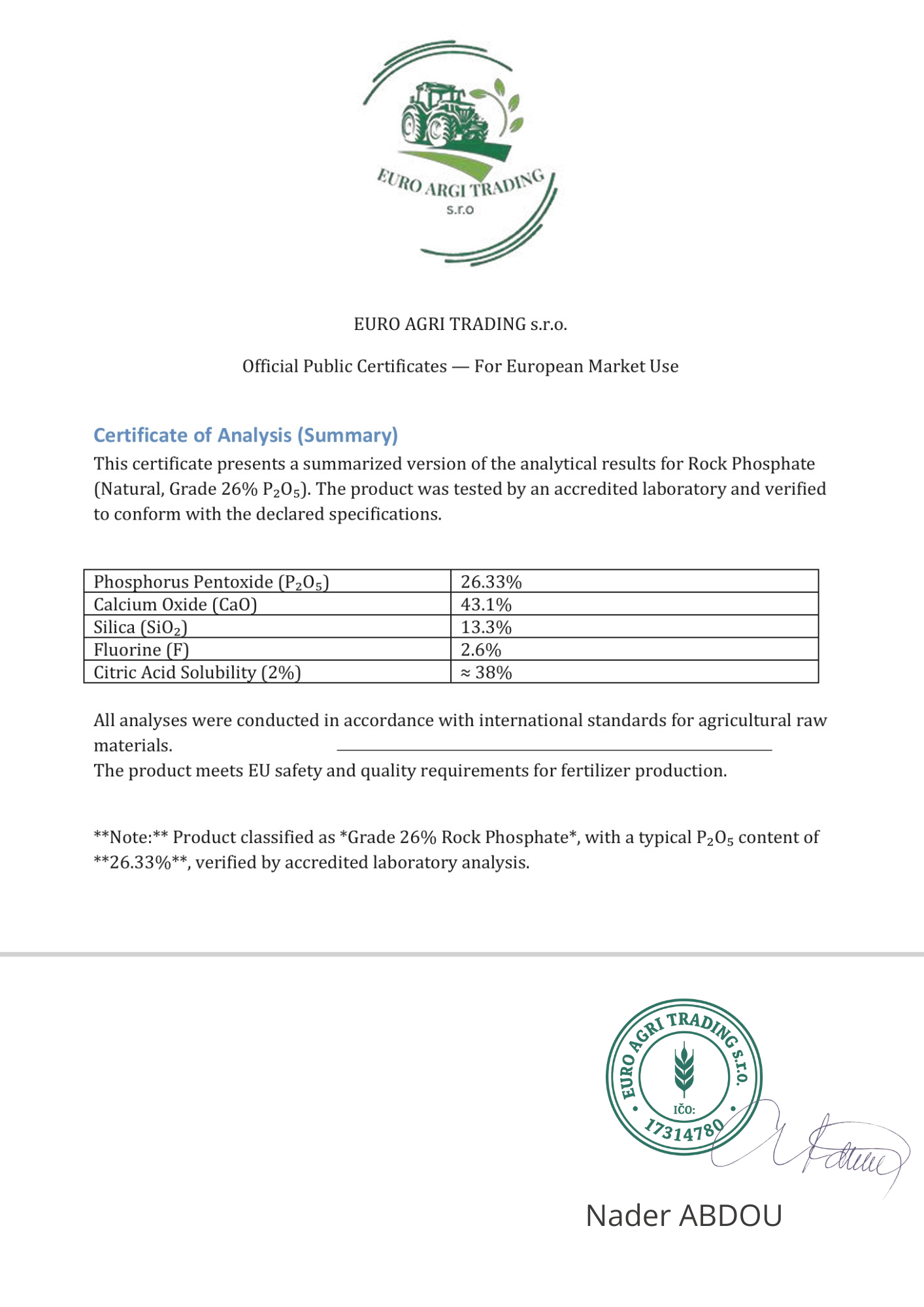 Rock Phosphate specifications overview (20–28% P₂O₅)