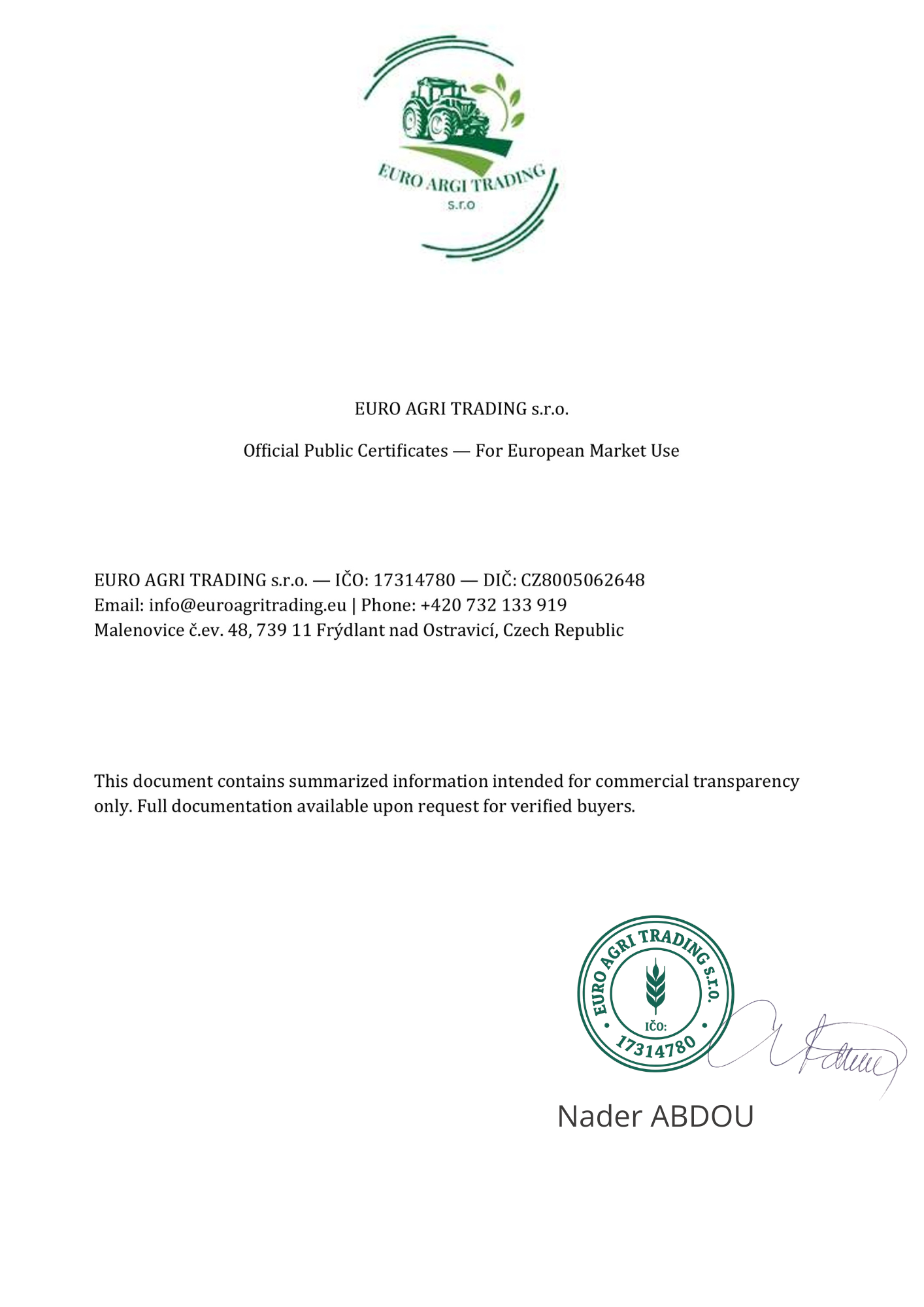 EU compliance declaration and supporting documentation