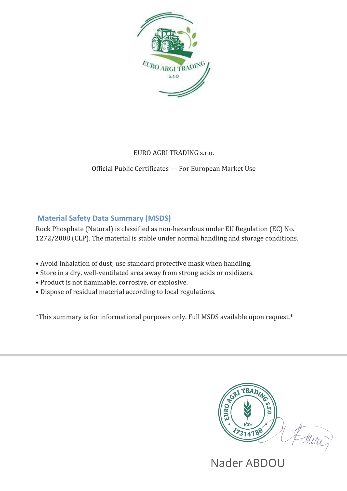 MSDS summary for EU REACH compliance