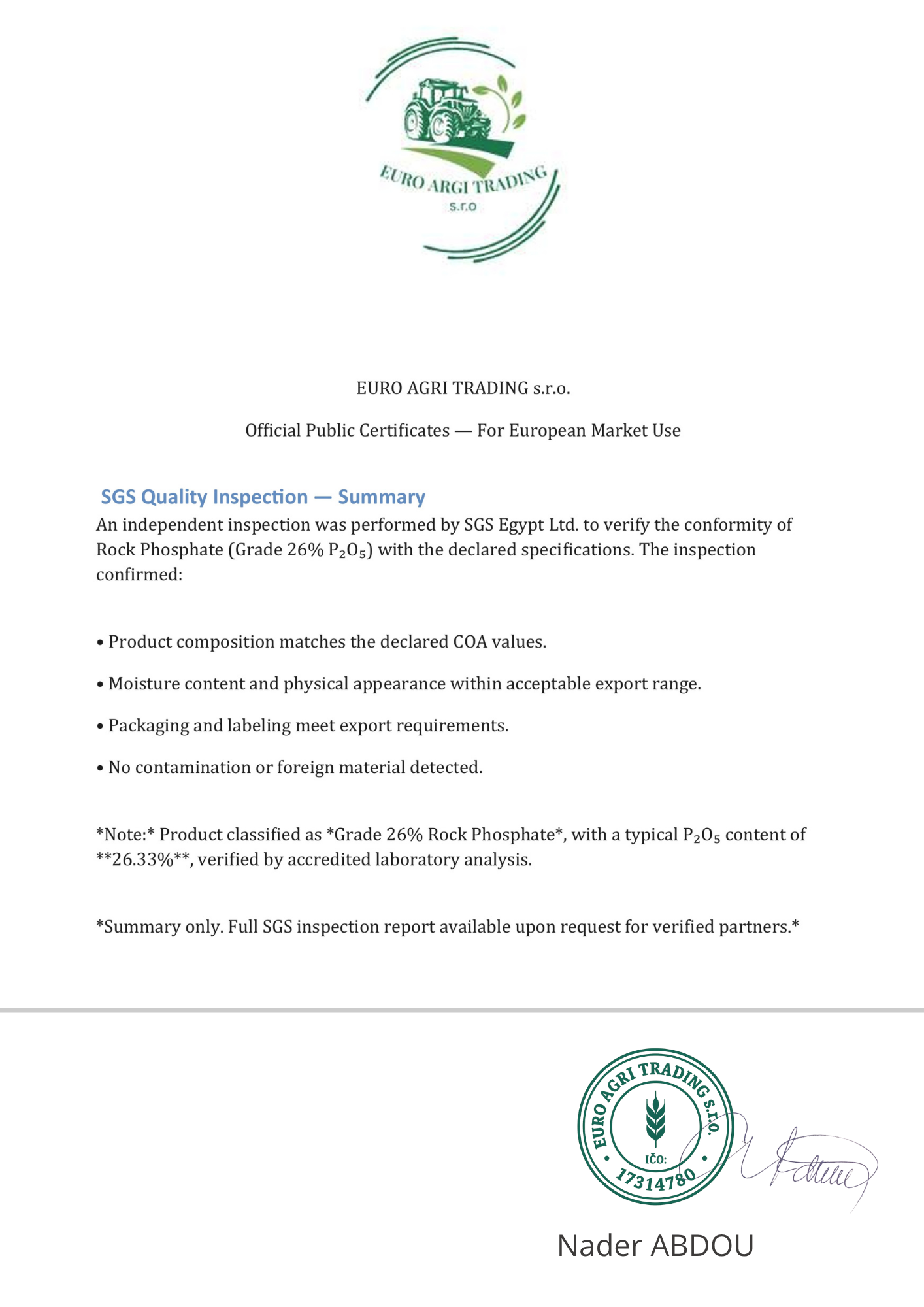 SGS verification summary — Rock Phosphate (20–28% P₂O₅)