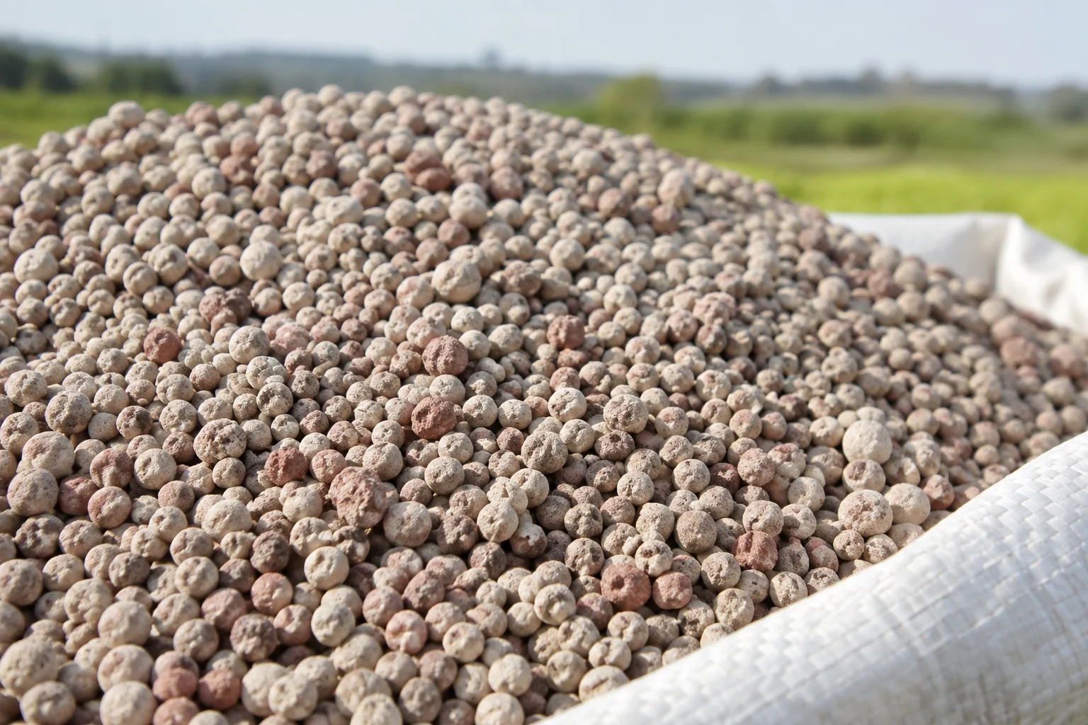 Illustration of compound fertilizer granules in an open woven sack