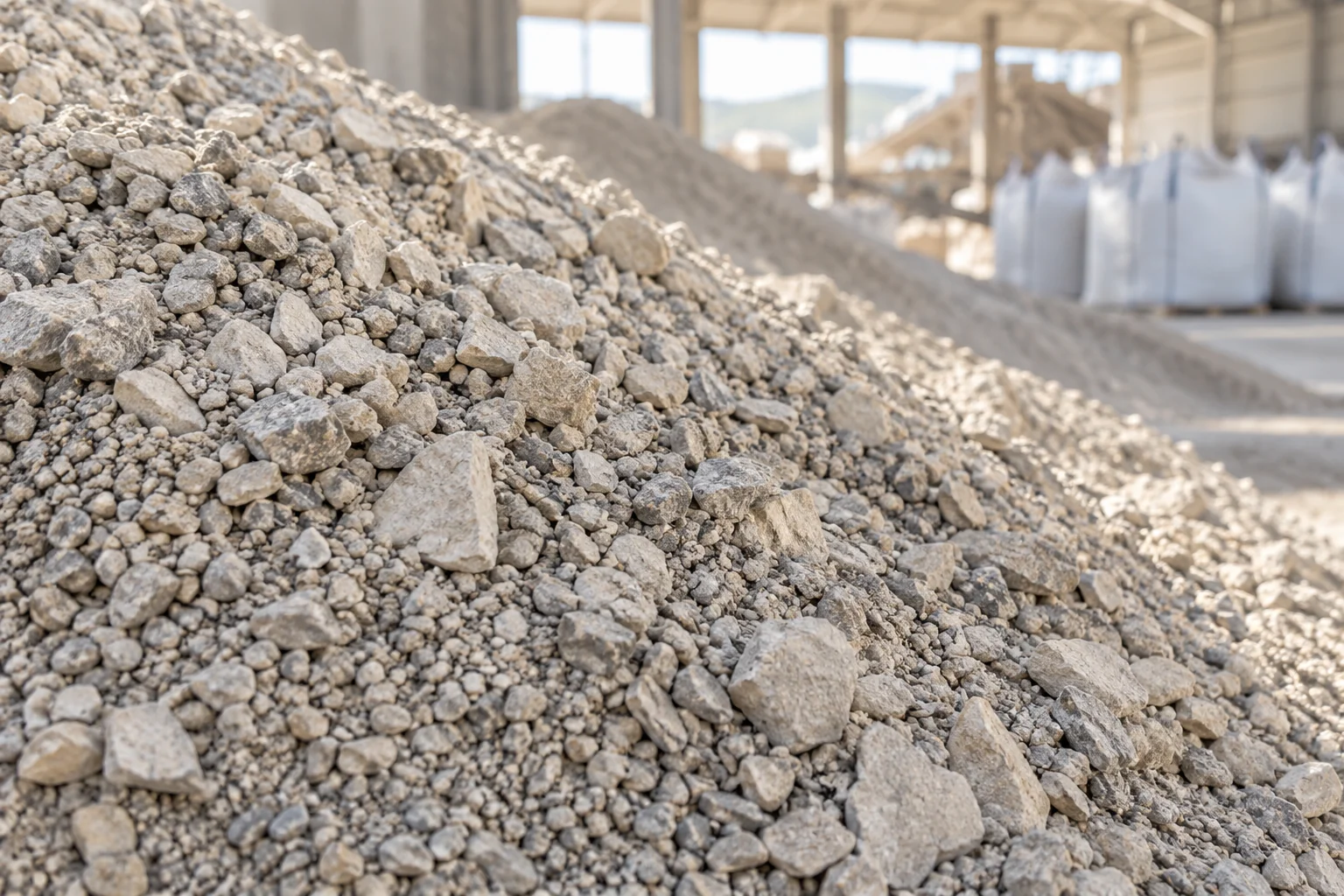 Illustration of crushed phosphate materials in a bright storage setting