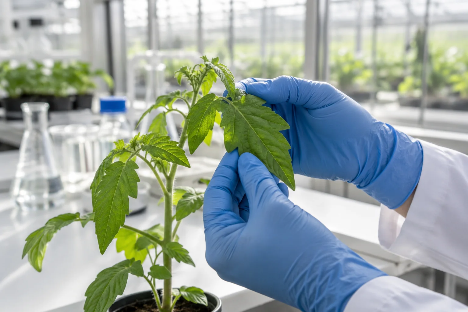 Illustration of a plant leaf being examined in a bright agricultural laboratory