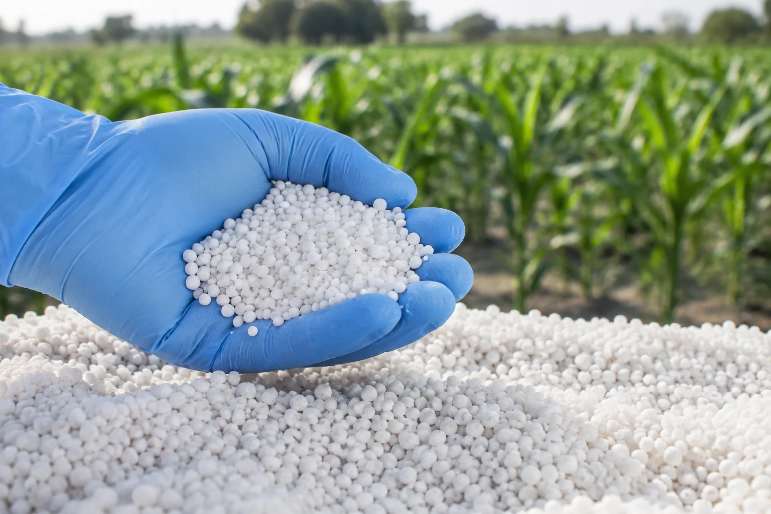 Illustration of a gloved hand sampling white urea granules