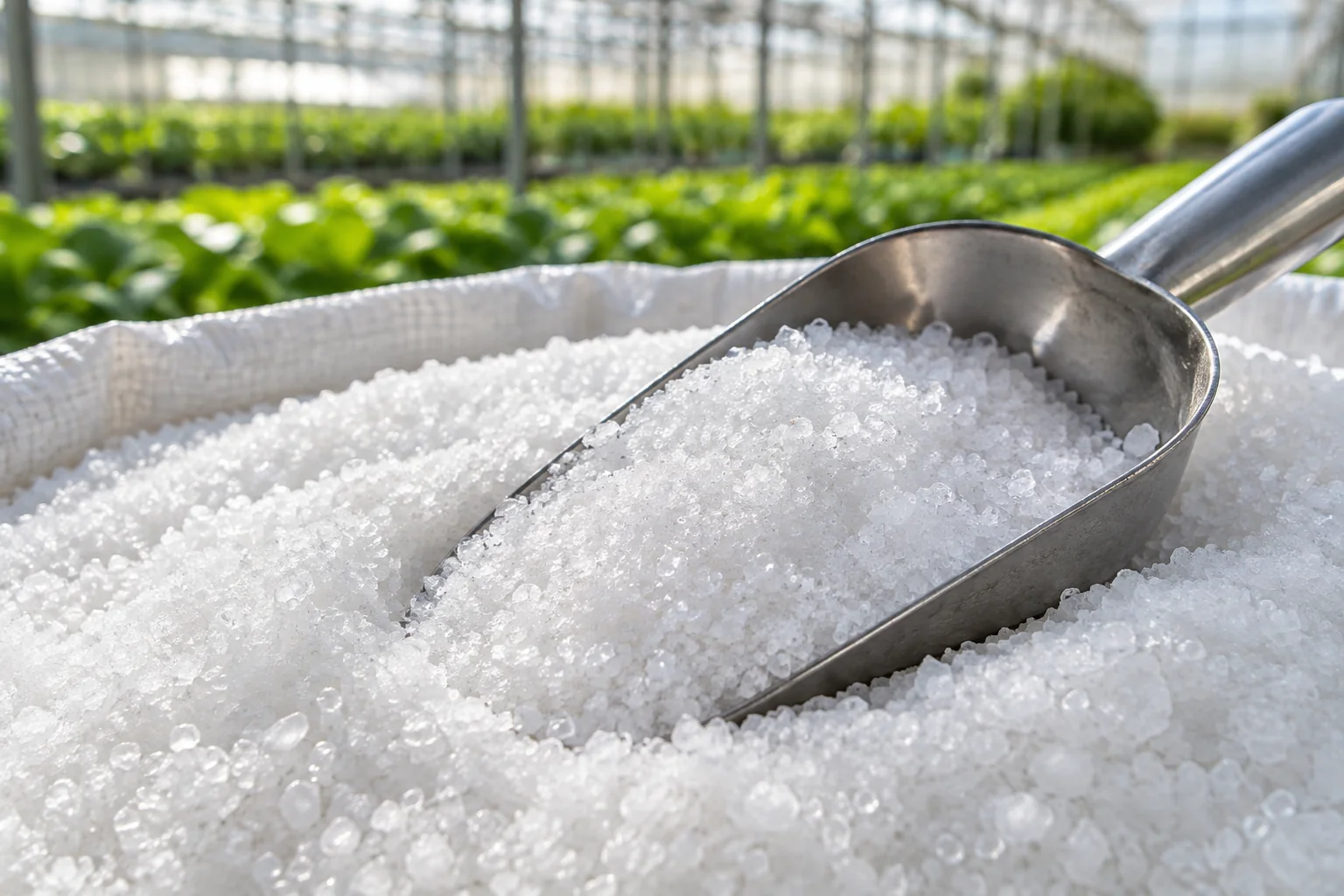 Illustration of fine water-soluble fertilizer crystals and a sampling scoop